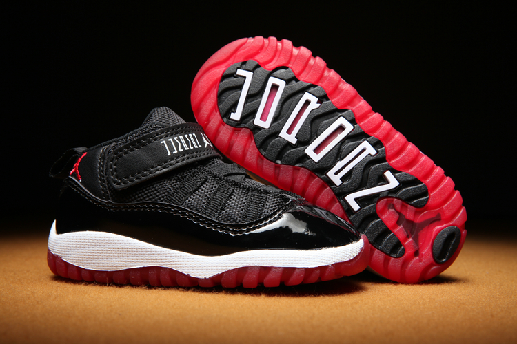 New Kids Jordan 11 Strap Black Red Shoes - Click Image to Close